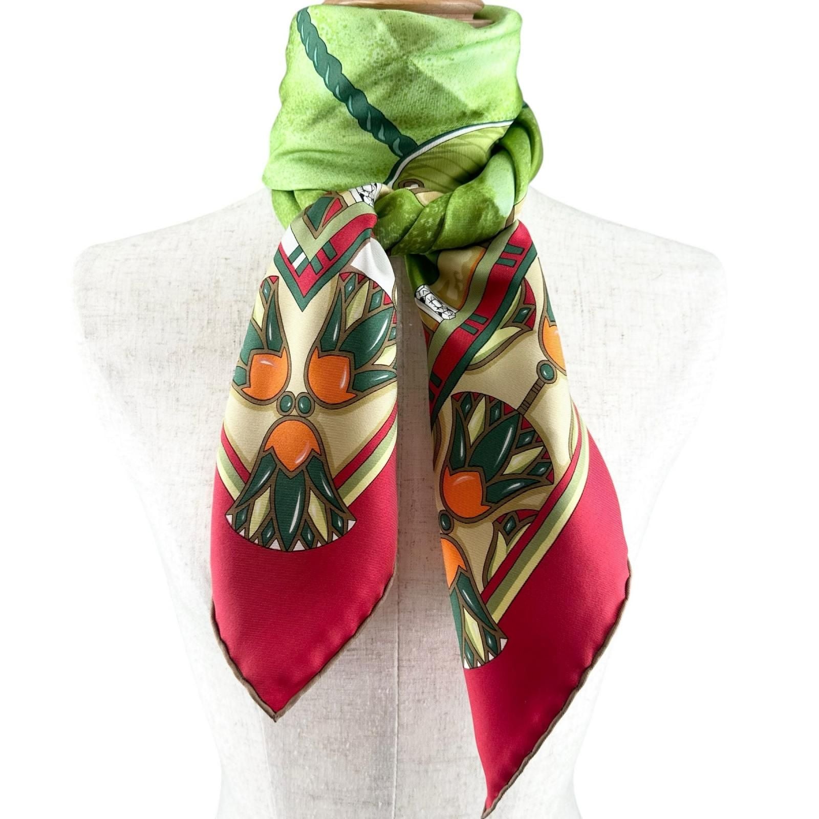 Cartier Scarab Pattern Silk Green Red Scarf — view 4
