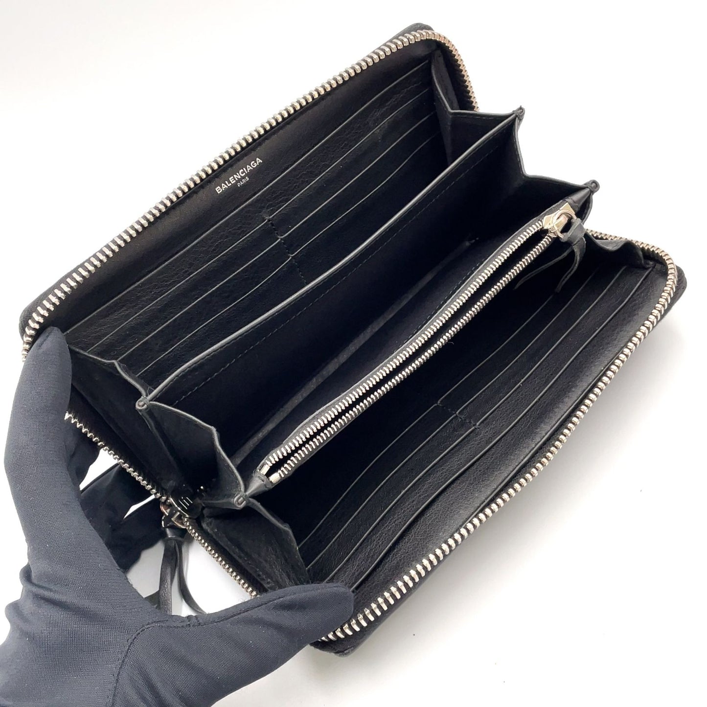 Balenciaga Paper Continental Zip Around Leather Black Wallet Silver — view 3