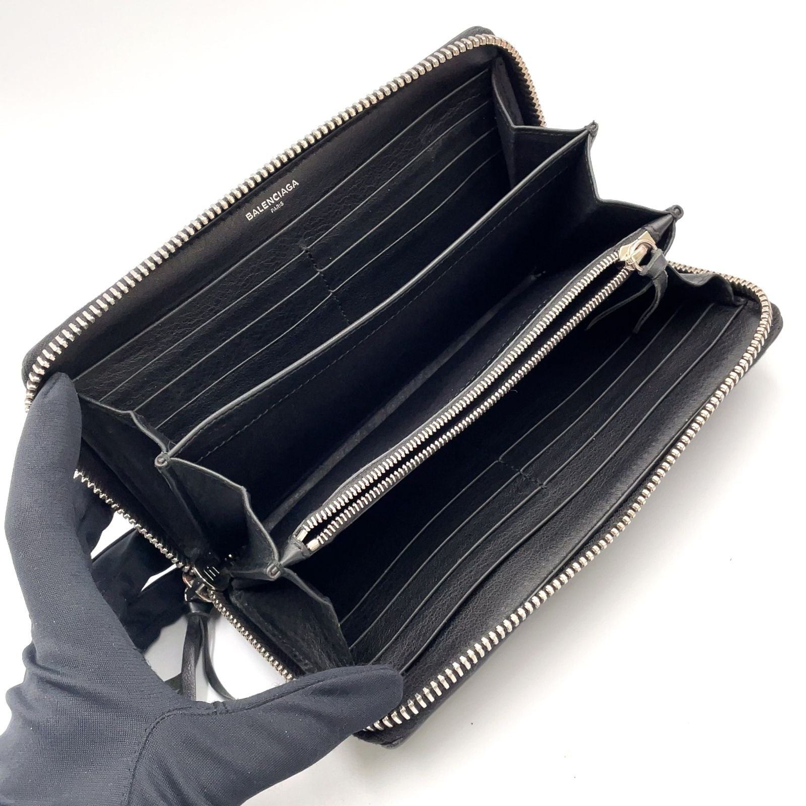 Balenciaga Paper Continental Zip Around Leather Black Wallet Silver — view 3
