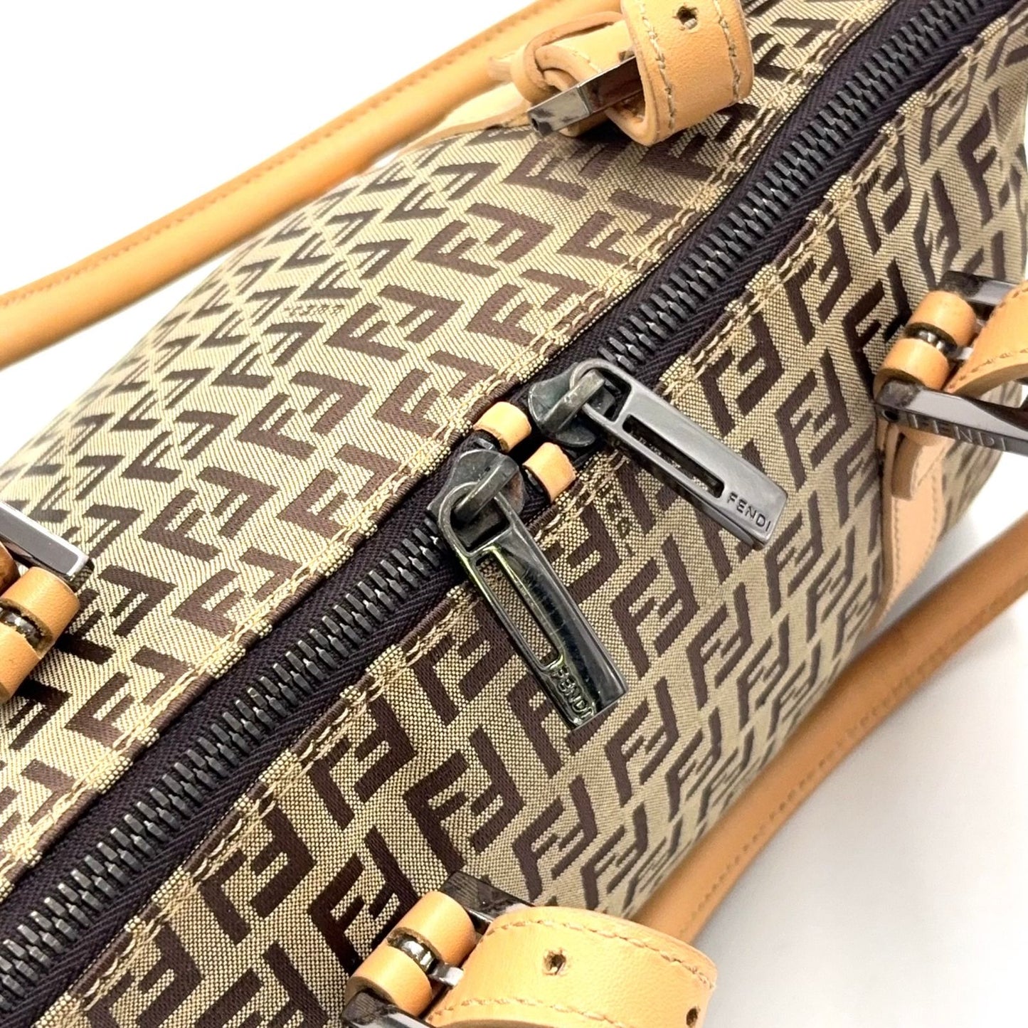 Fendi Zucchino Leather Canvas Beige Light Brown Handbag Black — view 6