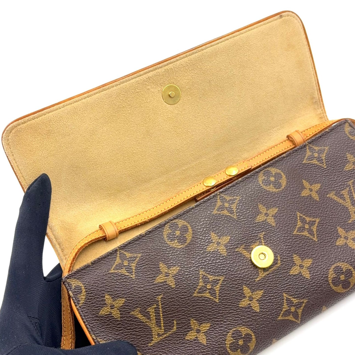 Louis Vuitton Pochette Twin GM Monogram Leather Brown Shoulder Bag Gold — view 9