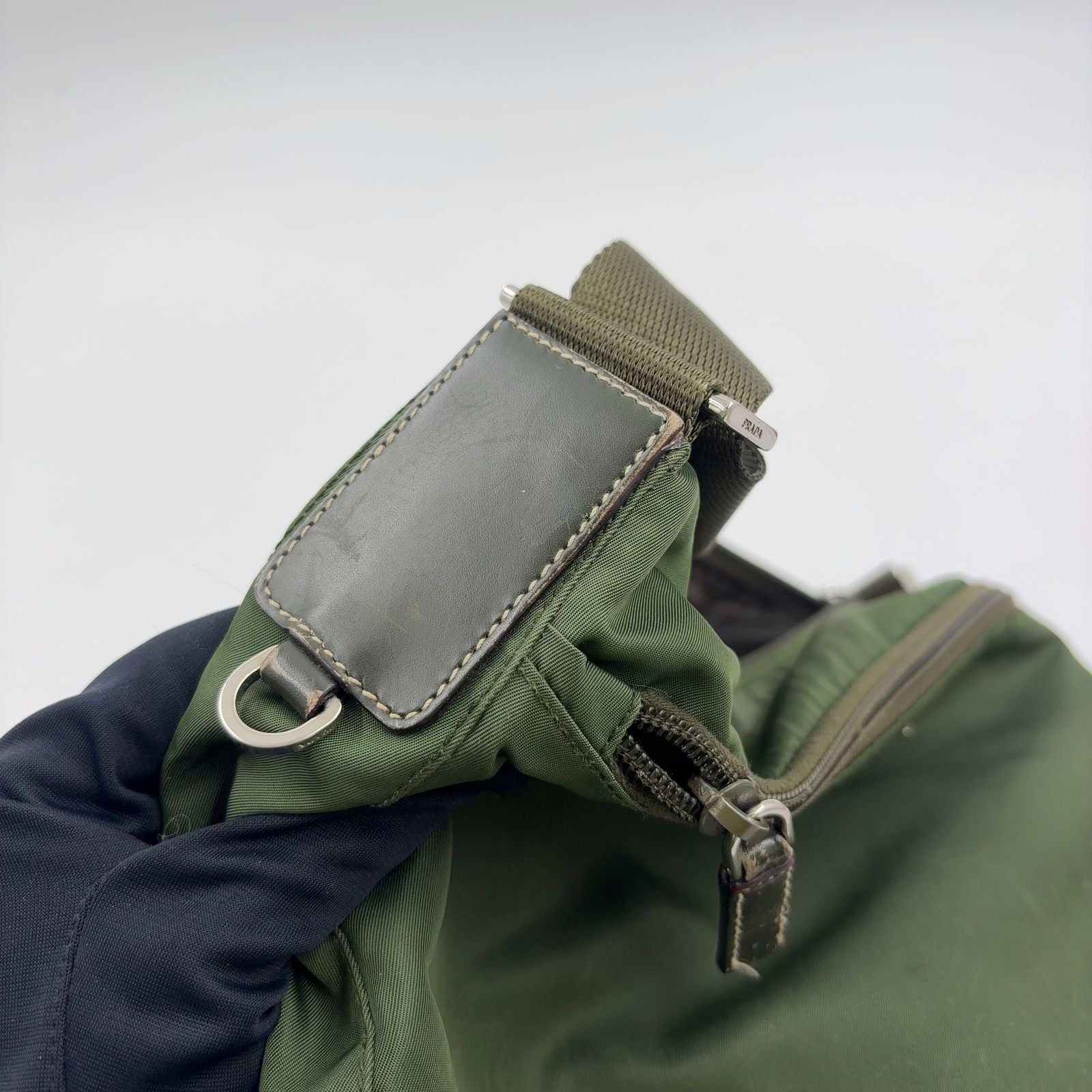 Prada Leather Nylon Khaki Green Shoulder Bag Silver — view 7