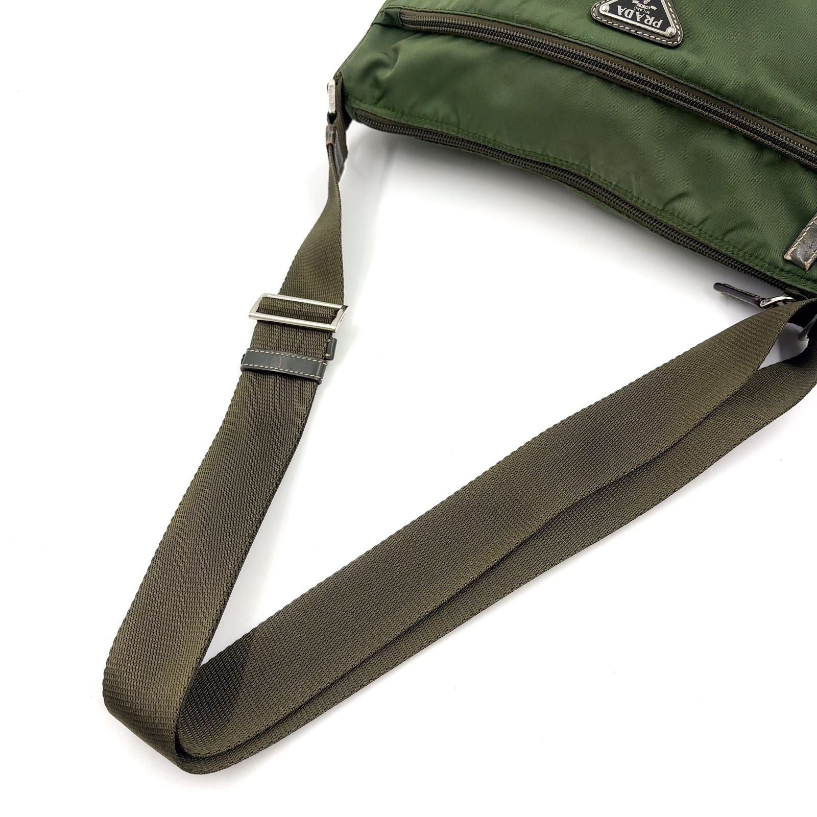 Prada Leather Nylon Khaki Green Shoulder Bag Silver — view 5