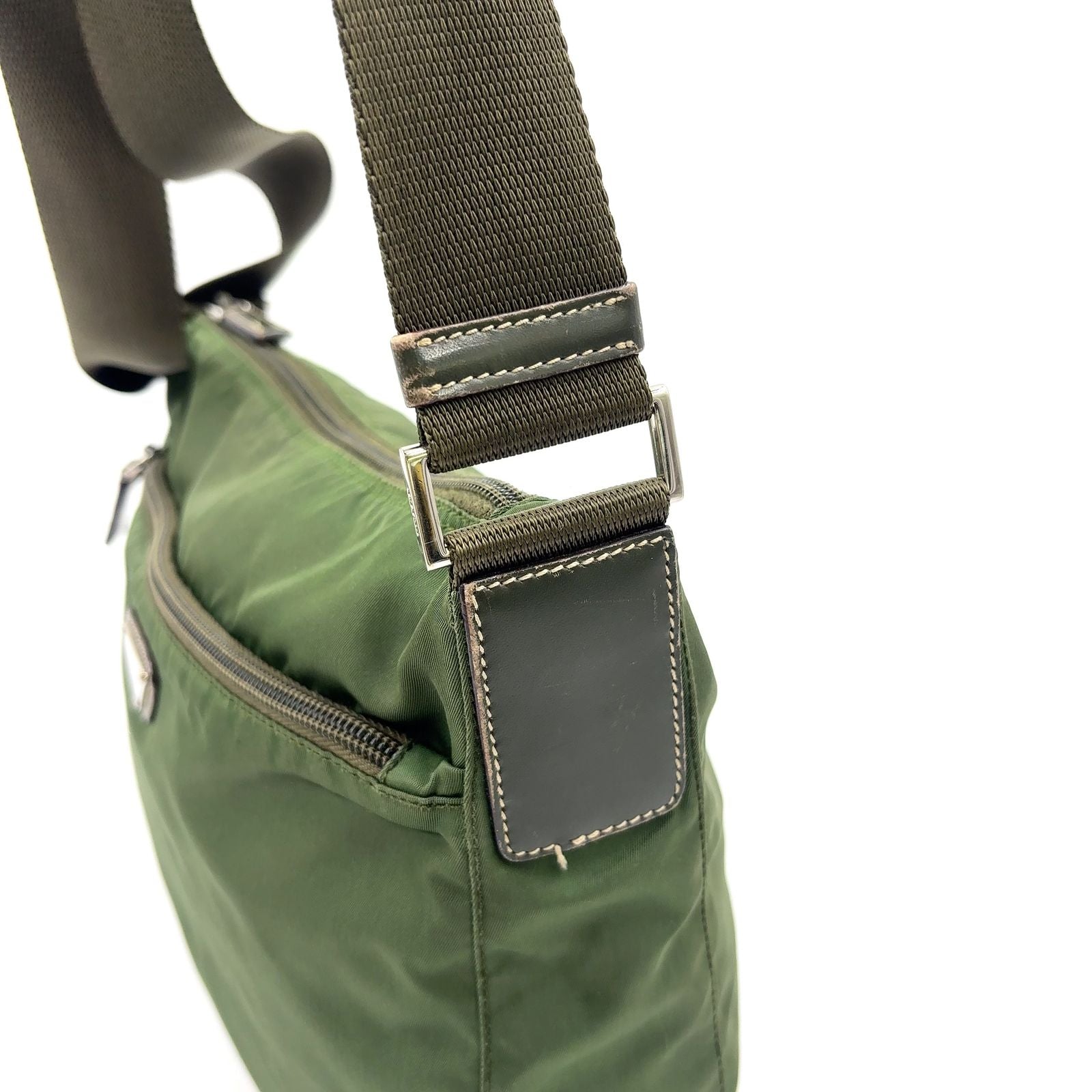 Prada Leather Nylon Khaki Green Shoulder Bag Silver — view 6