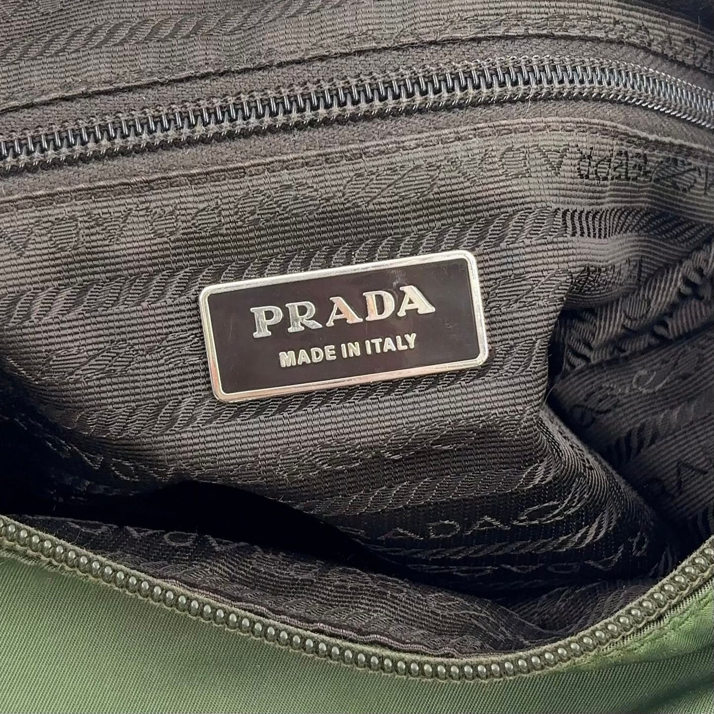 Prada Leather Nylon Khaki Green Shoulder Bag Silver — view 4