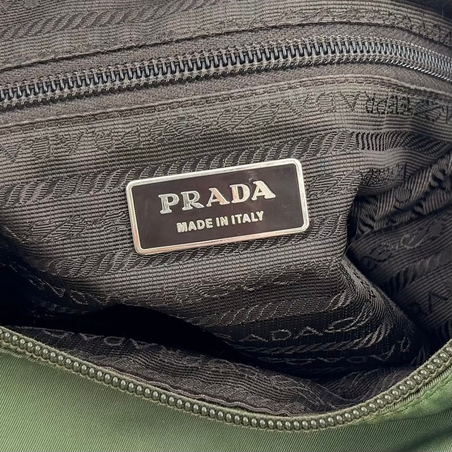 Prada Leather Nylon Khaki Green Shoulder Bag Silver — view 4