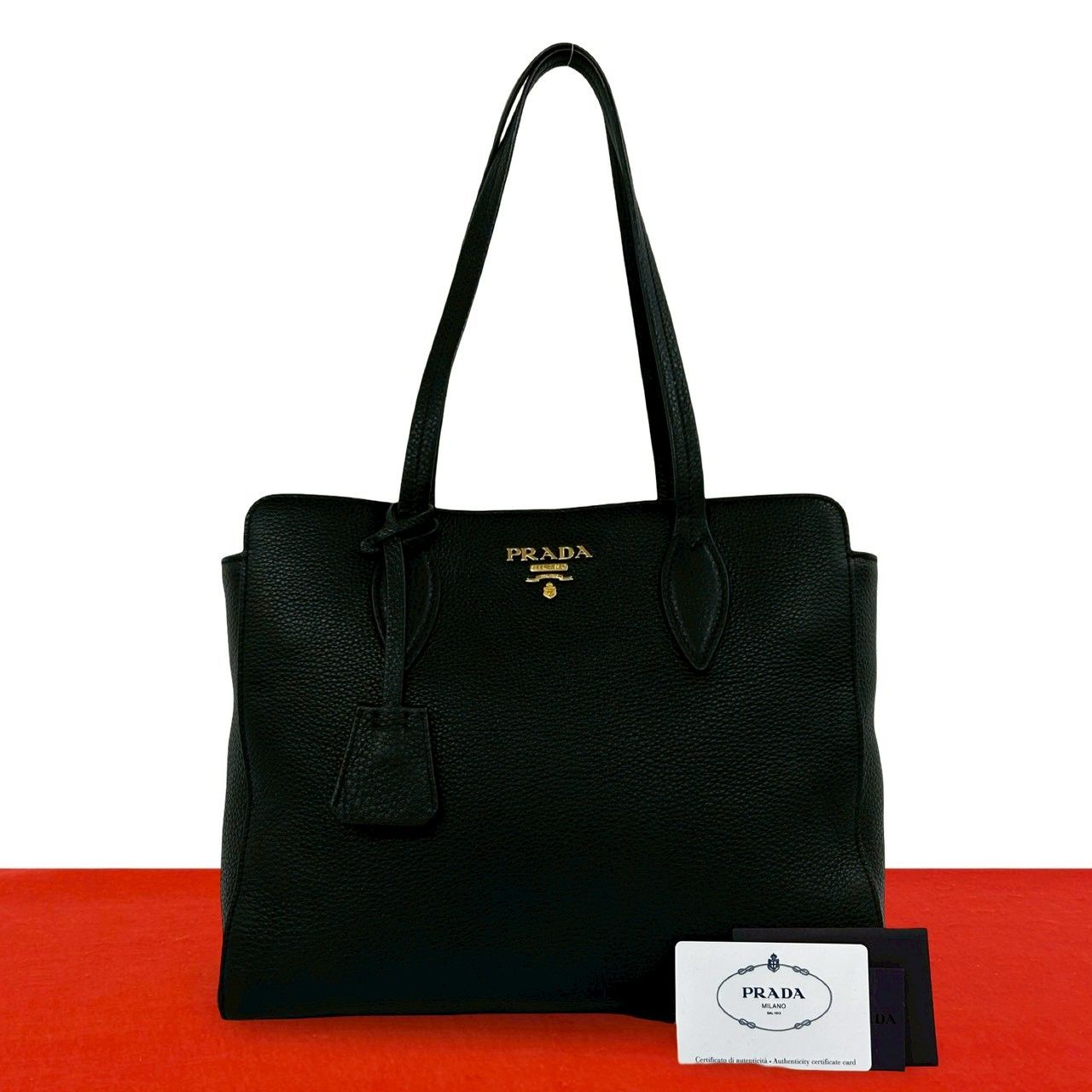 Prada Logo Vitello Daino Leather Tote Shoulder Bag Business Black