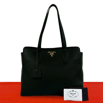 Prada Logo Vitello Daino Leather Tote Shoulder Bag Business Black