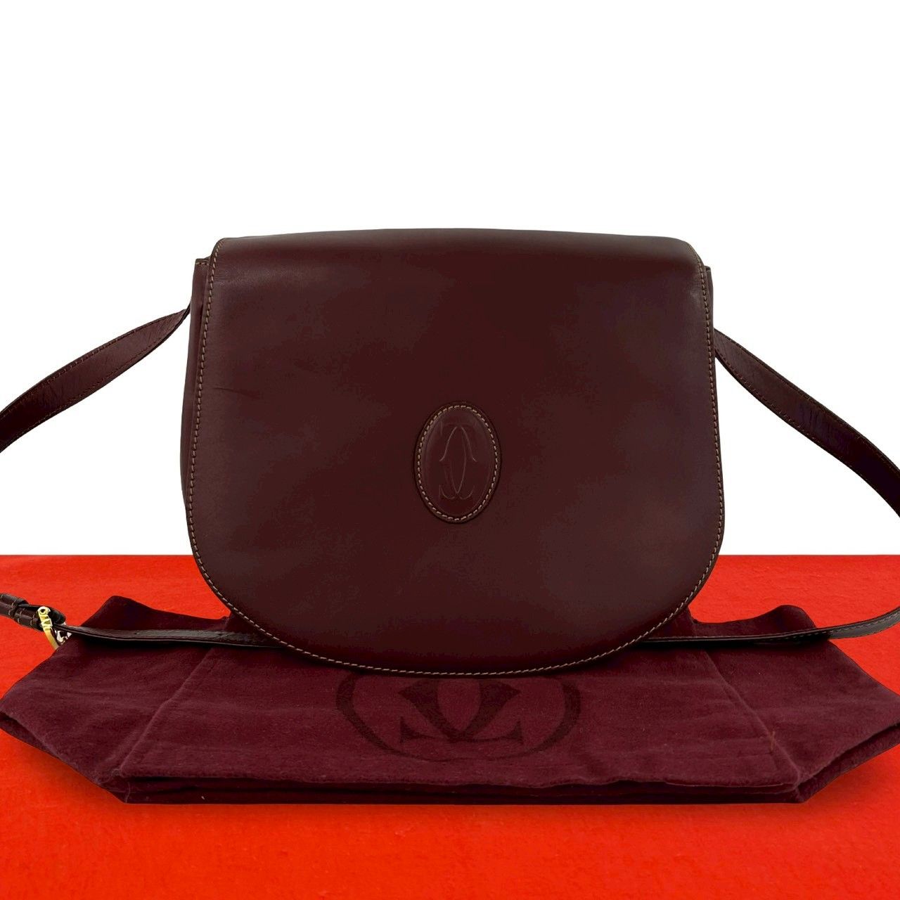 Cartier Vintage Must Line Logo Embossed Leather Shoulder Bag Pochette Bordeaux