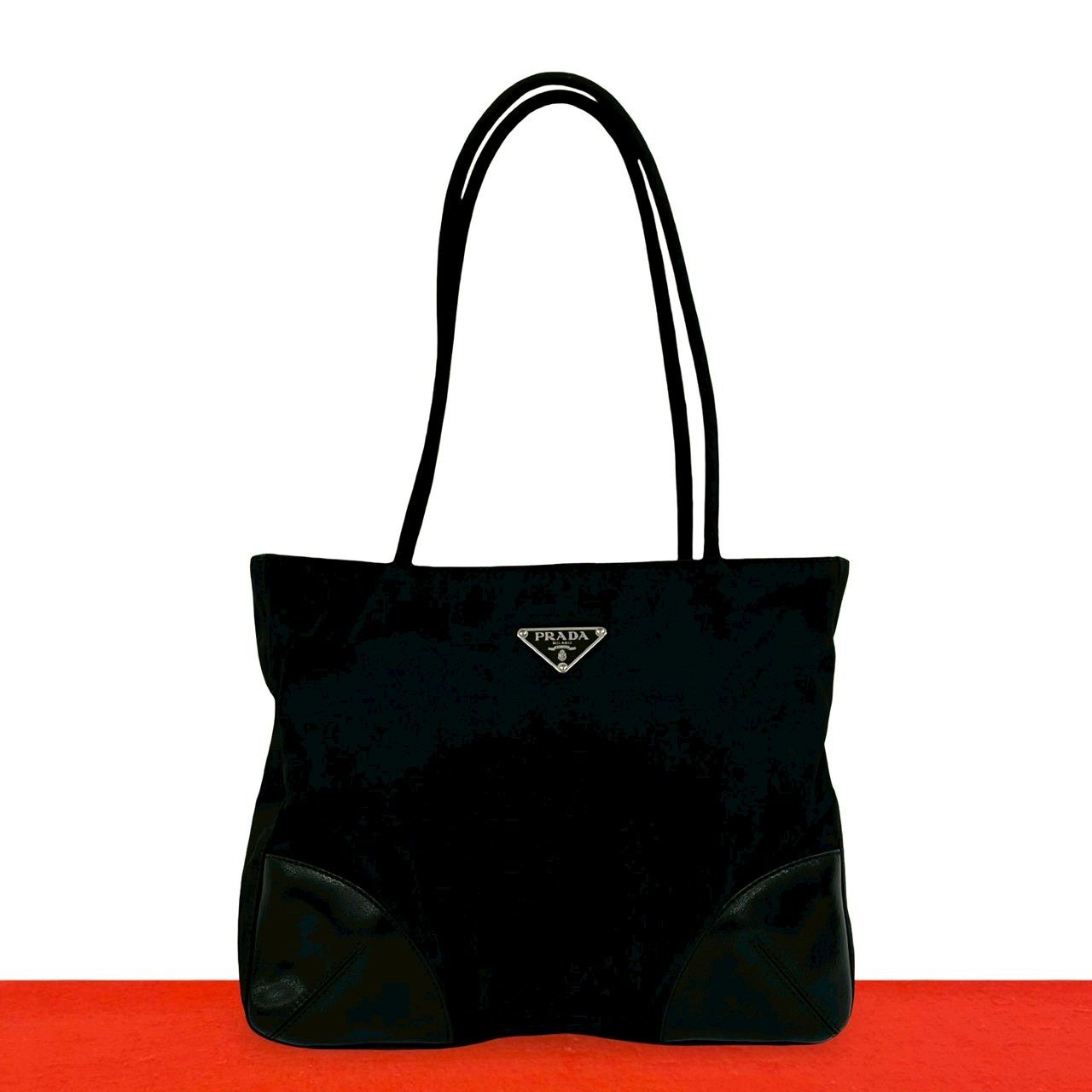 Prada Nylon Leather Tote Shoulder Bag Black