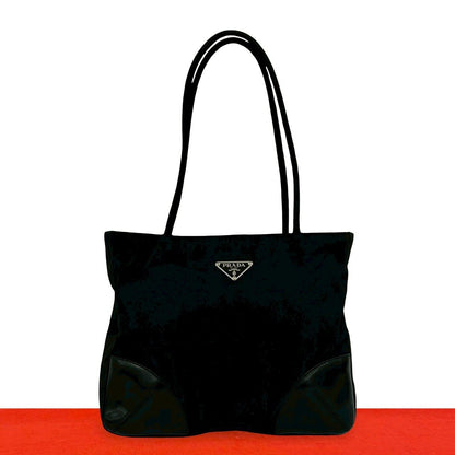 Prada Nylon Leather Tote Shoulder Bag Black