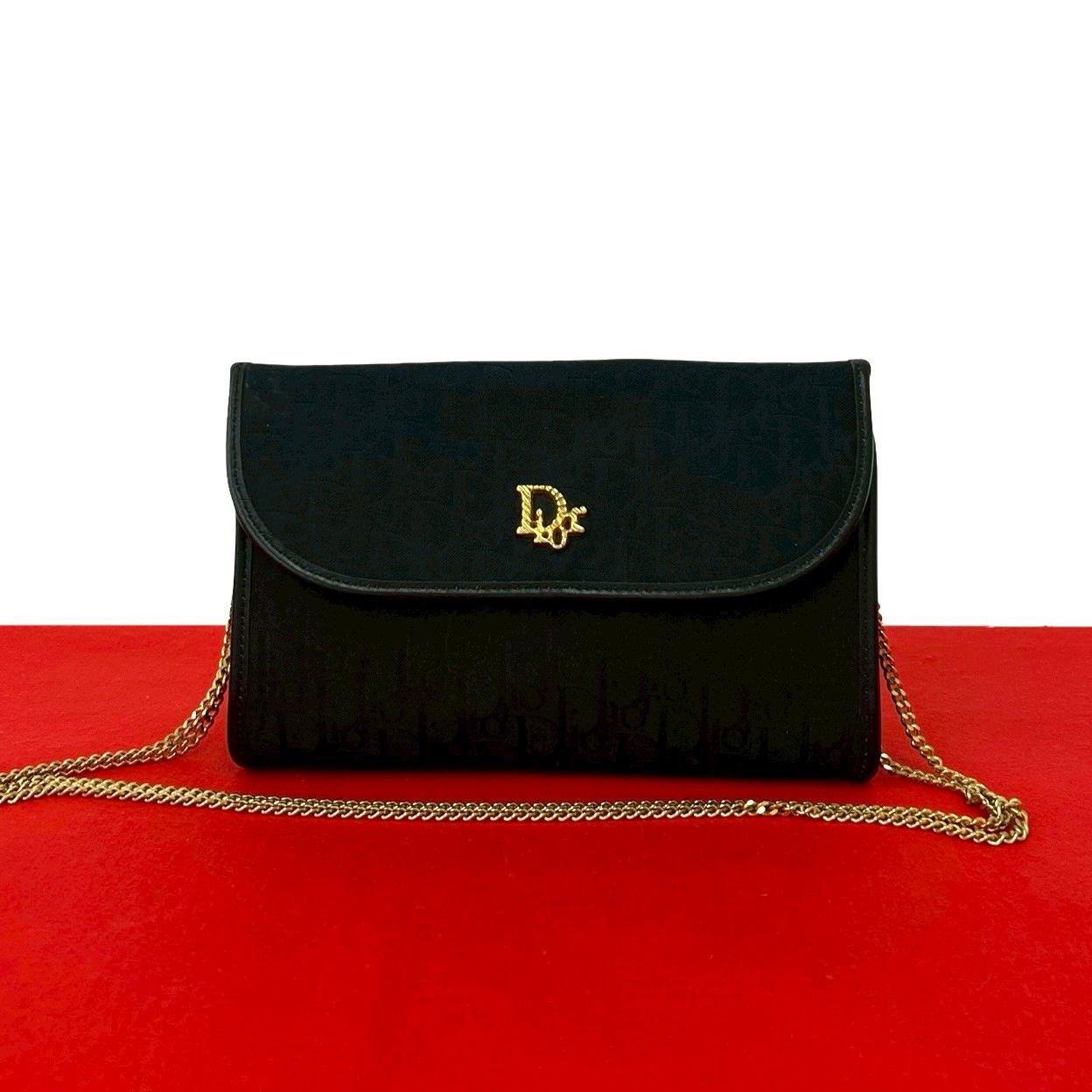 Dior Trotter Pattern Logo Canvas Leather Chain Mini Shoulder Bag Black