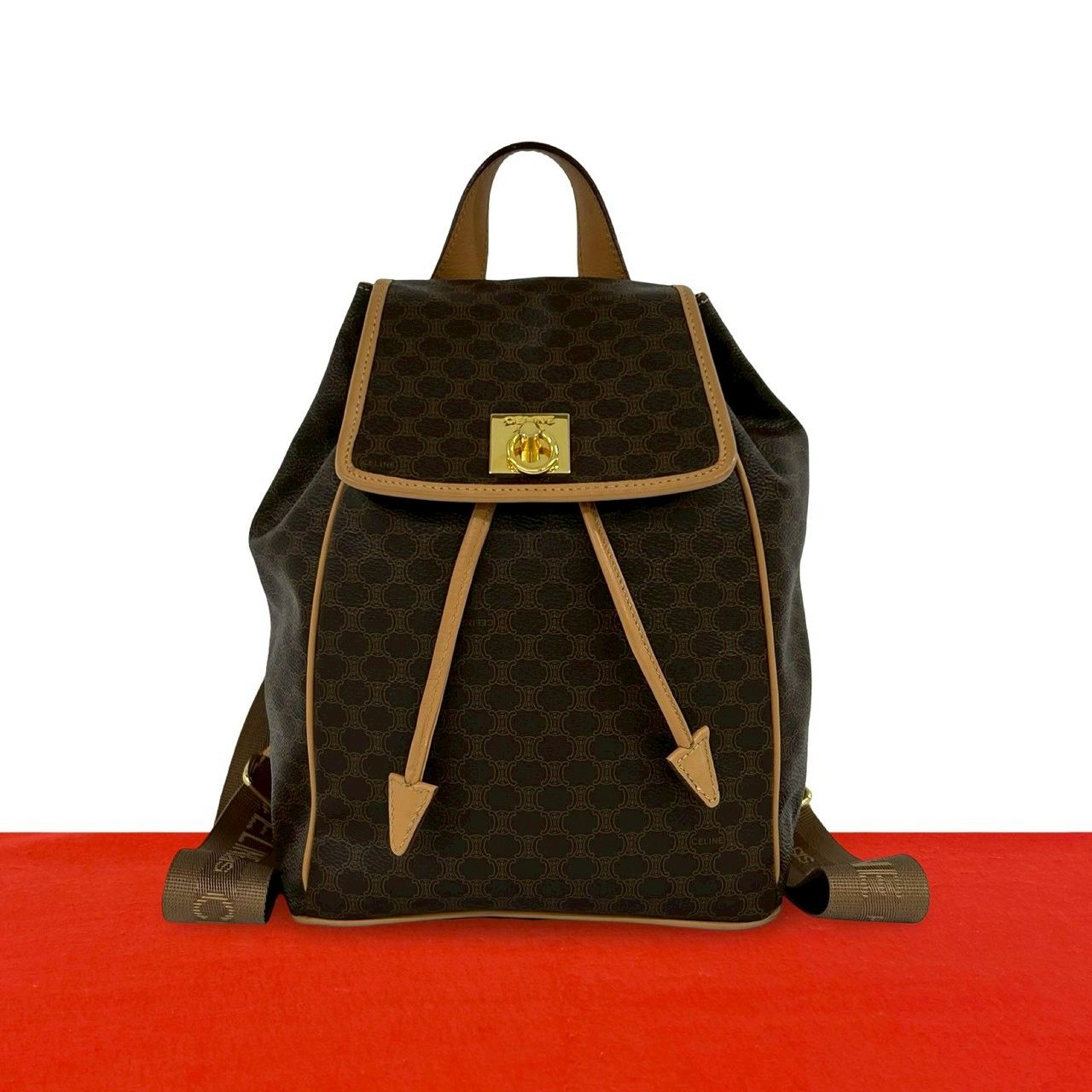 Celine Vintage Macadam Blason Triomphe Pattern Logo Ring Leather Backpack Brown