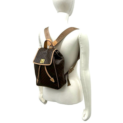 Celine Vintage Macadam Blason Triomphe Pattern Logo Ring Leather Backpack Brown