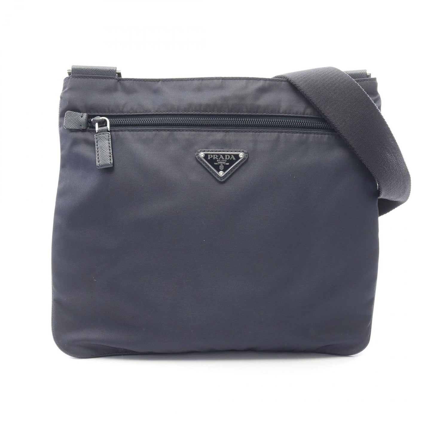 Prada Shoulder Bag Triangle Logo Navy Nylon Saffiano Leather