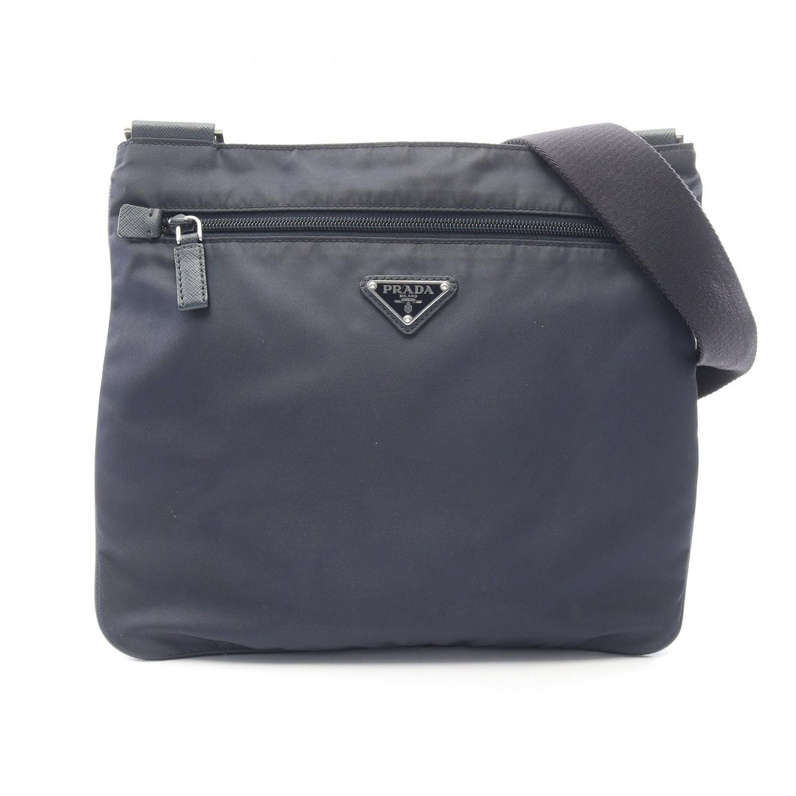 Prada Shoulder Bag Triangle Logo Navy Nylon Saffiano Leather