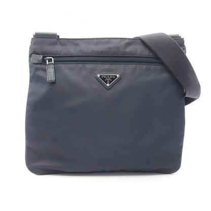 Prada Shoulder Bag Triangle Logo Navy Nylon Saffiano Leather