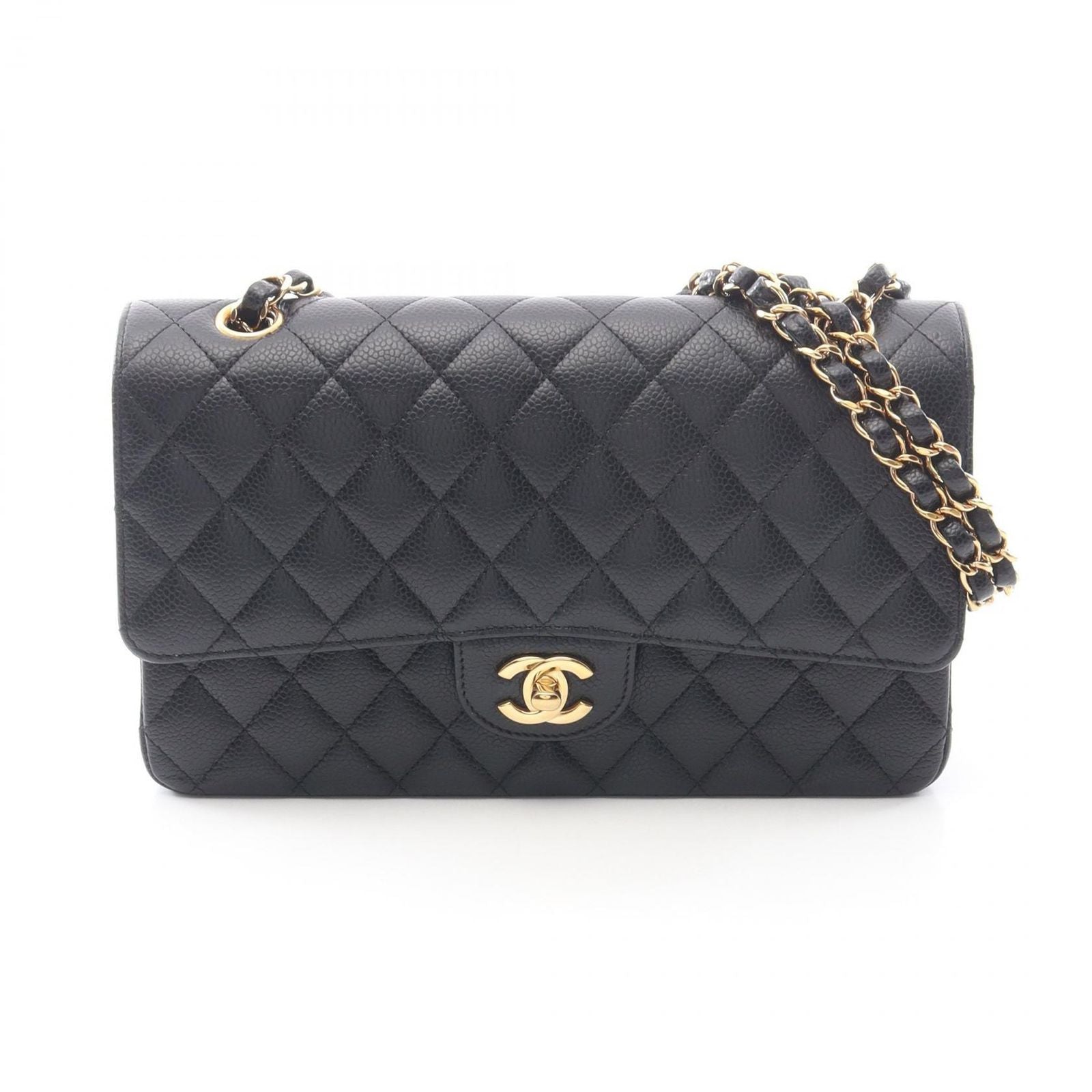 Chanel Shoulder Bag Quilted Double Flap Black Caviar Leather Chain