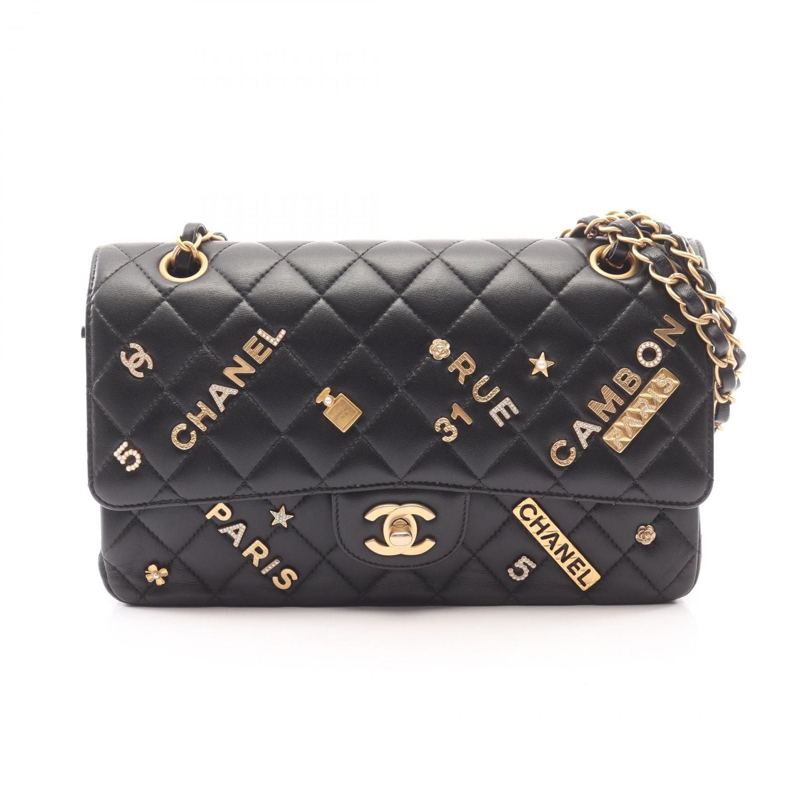 Chanel Shoulder Bag Quilted Double Flap Icon Charm Black Lambskin Chain