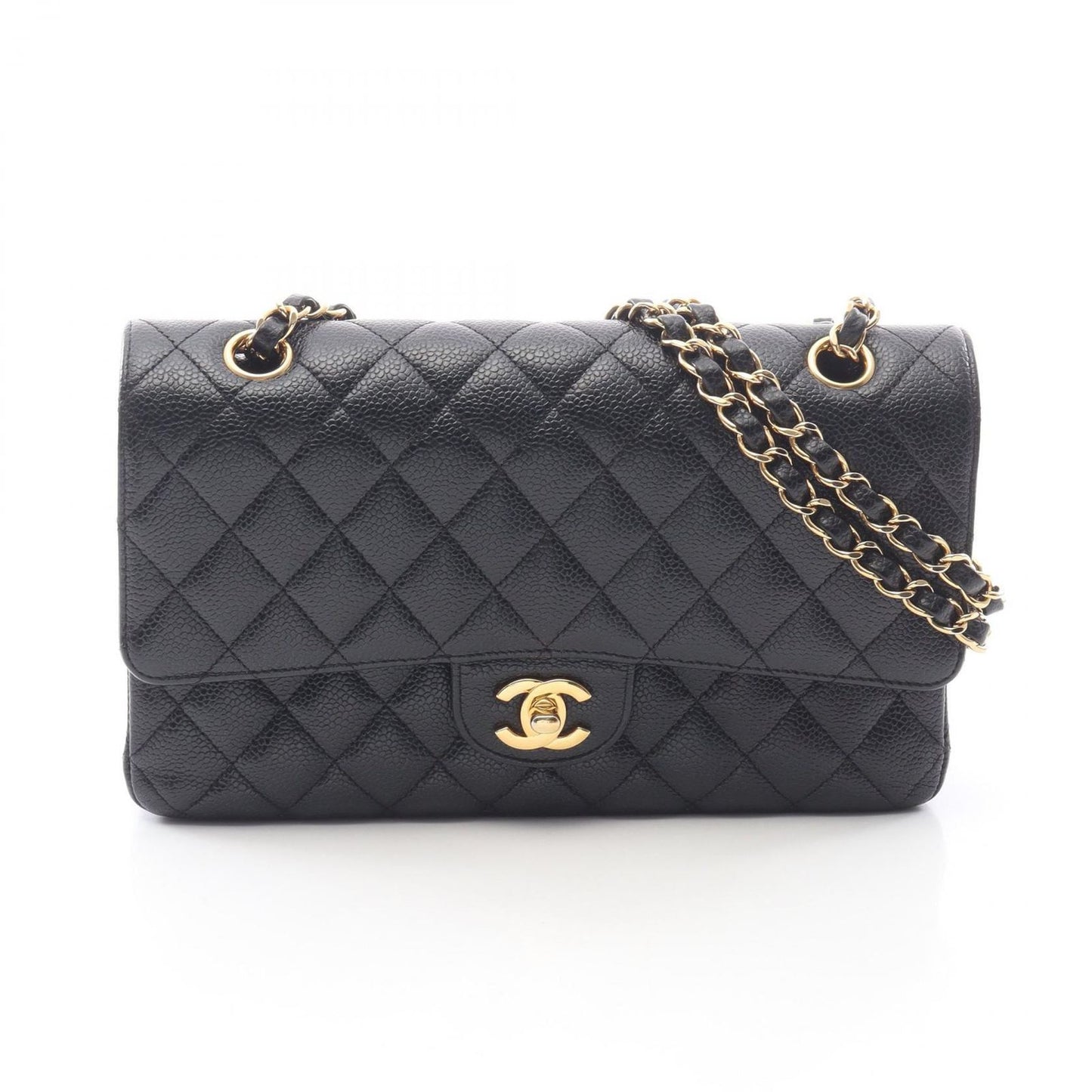 Chanel Shoulder Bag Quilted Double Flap Black Caviar Leather Chain