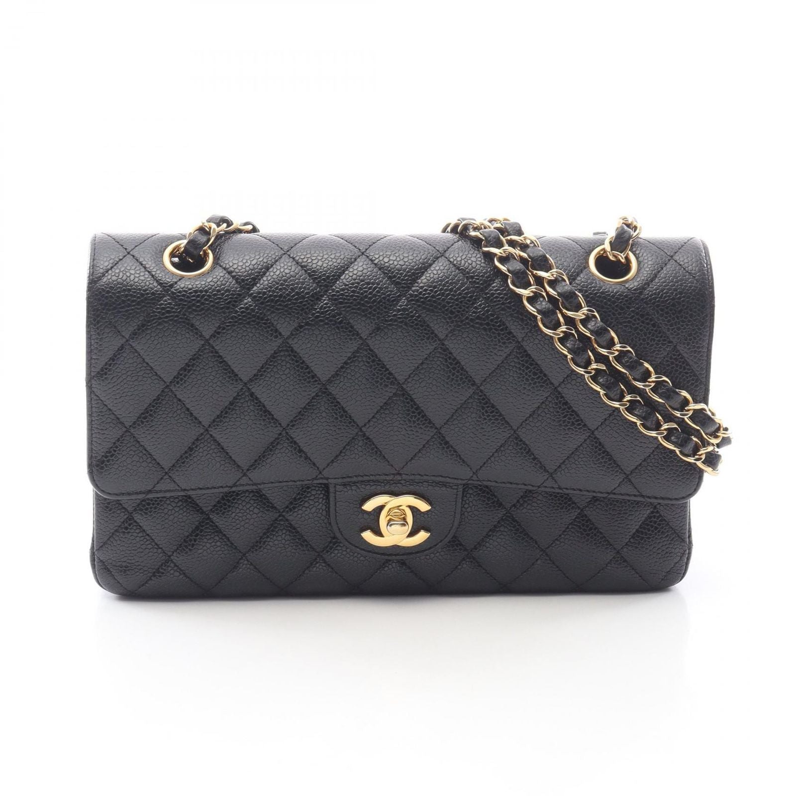 Chanel Shoulder Bag Quilted Double Flap Black Caviar Leather Chain