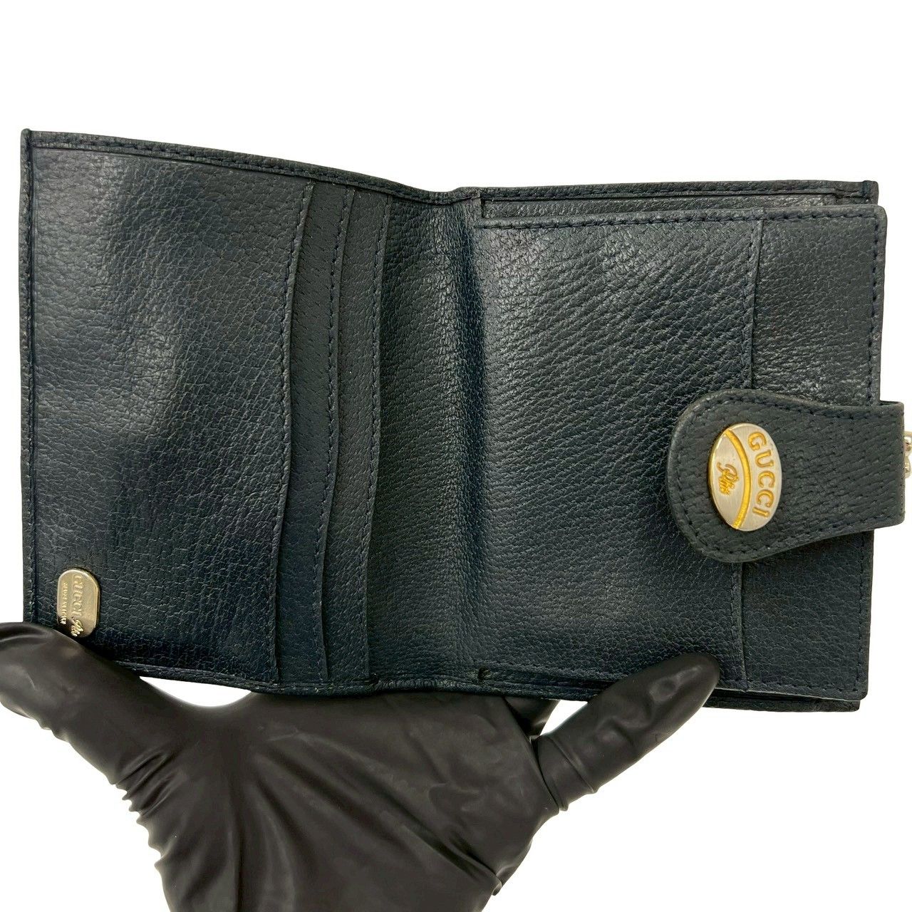 Gucci Vintage Plus Logo Leather Clasp Bifold Wallet Navy — view 7