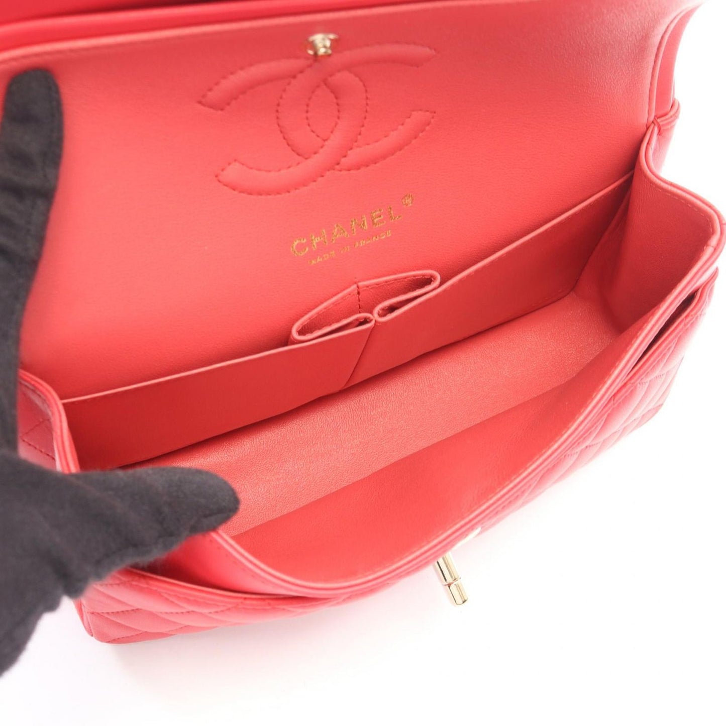 Chanel Shoulder Bag Quilted Double Flap Rose Red Lambskin Chain — view 3