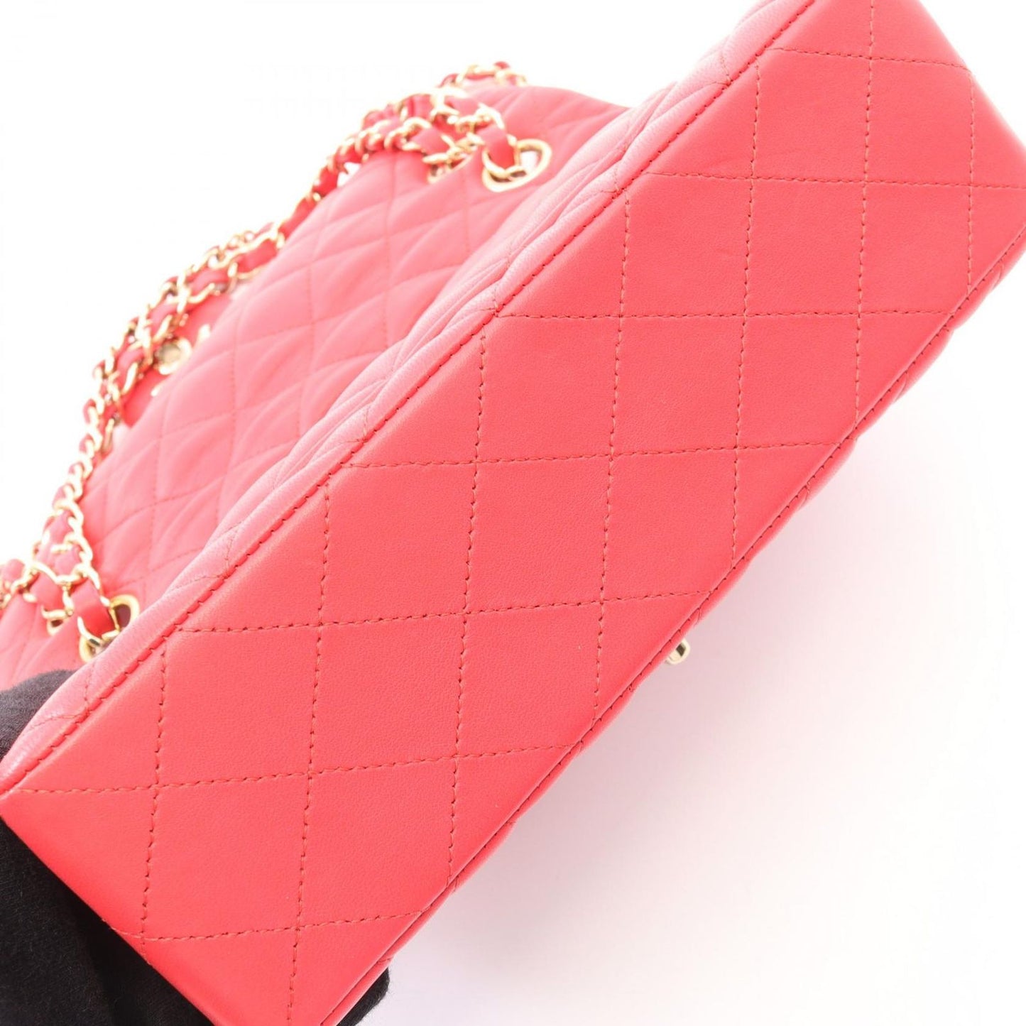 Chanel Shoulder Bag Quilted Double Flap Rose Red Lambskin Chain — view 8