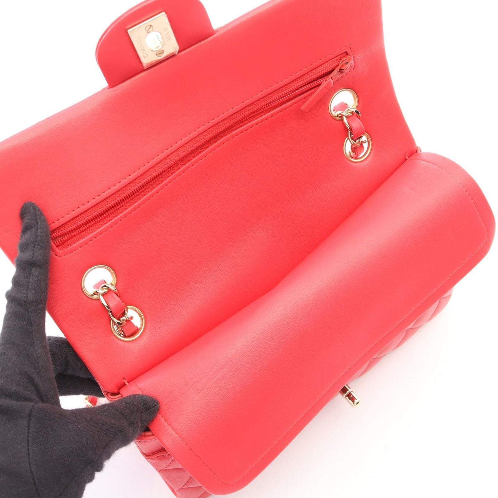 Chanel Shoulder Bag Quilted Double Flap Rose Red Lambskin Chain — view 6
