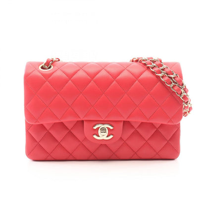 Chanel Shoulder Bag Quilted Double Flap Rose Red Lambskin Chain