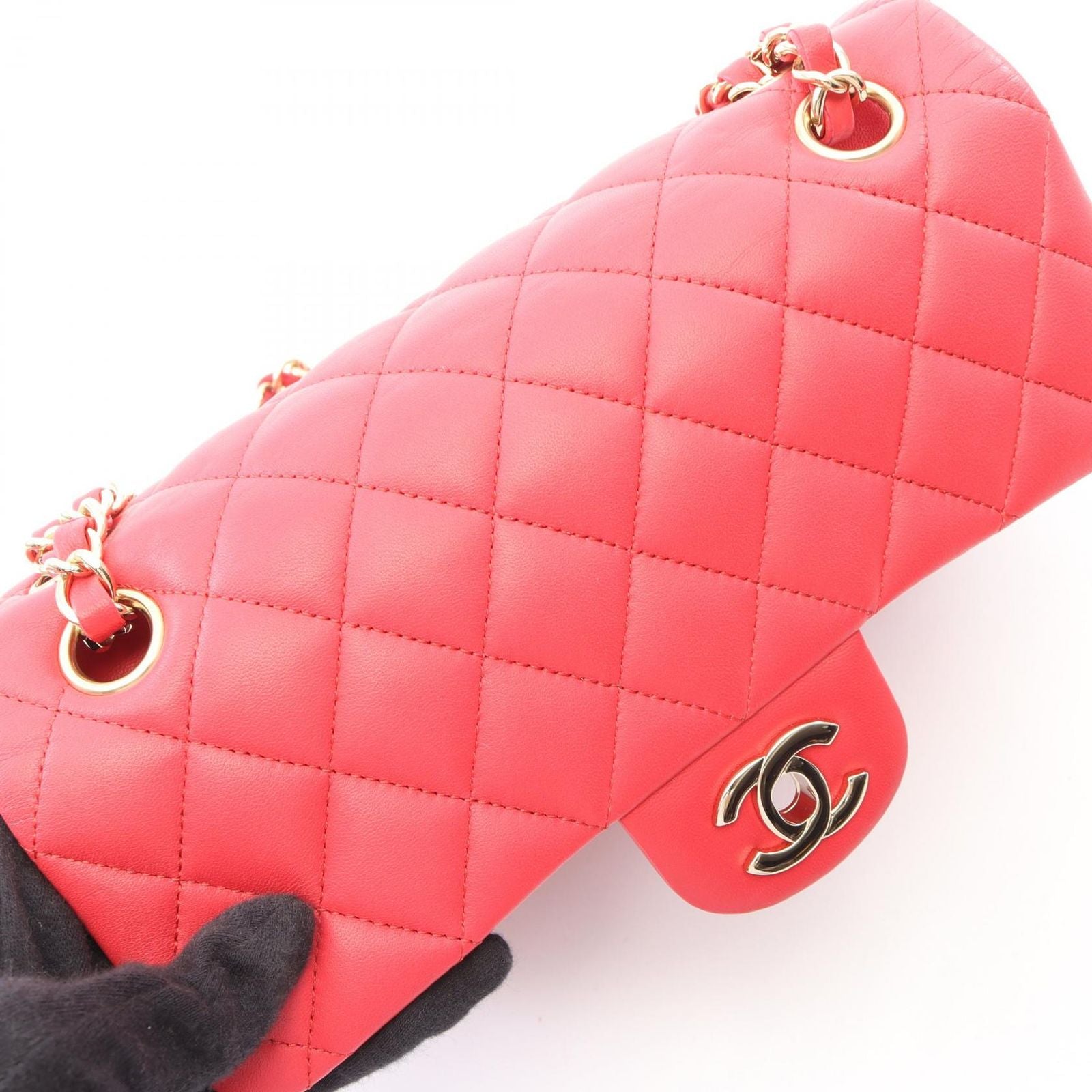 Chanel Shoulder Bag Quilted Double Flap Rose Red Lambskin Chain — view 8