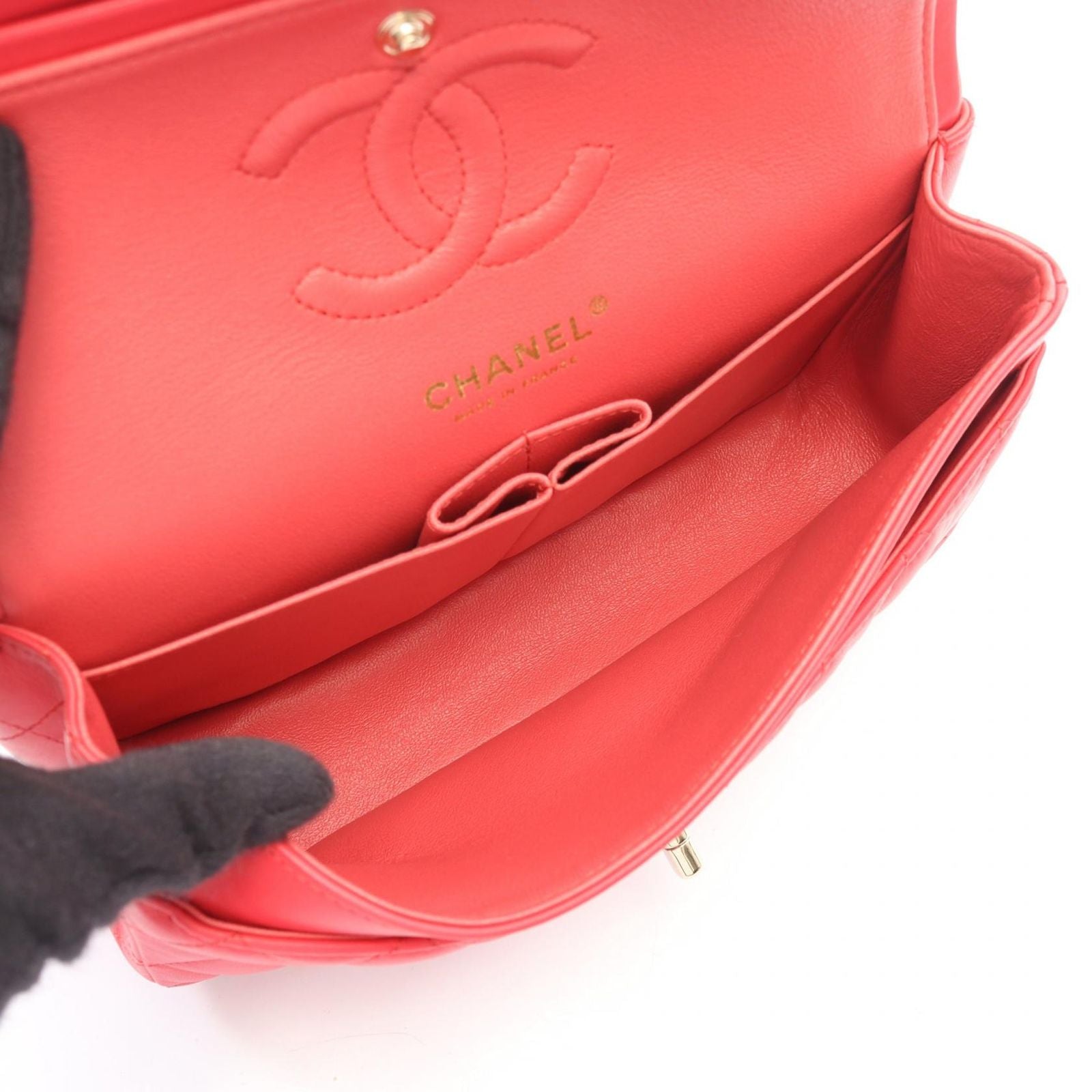 Chanel Shoulder Bag Quilted Double Flap Rose Red Lambskin Chain — view 3