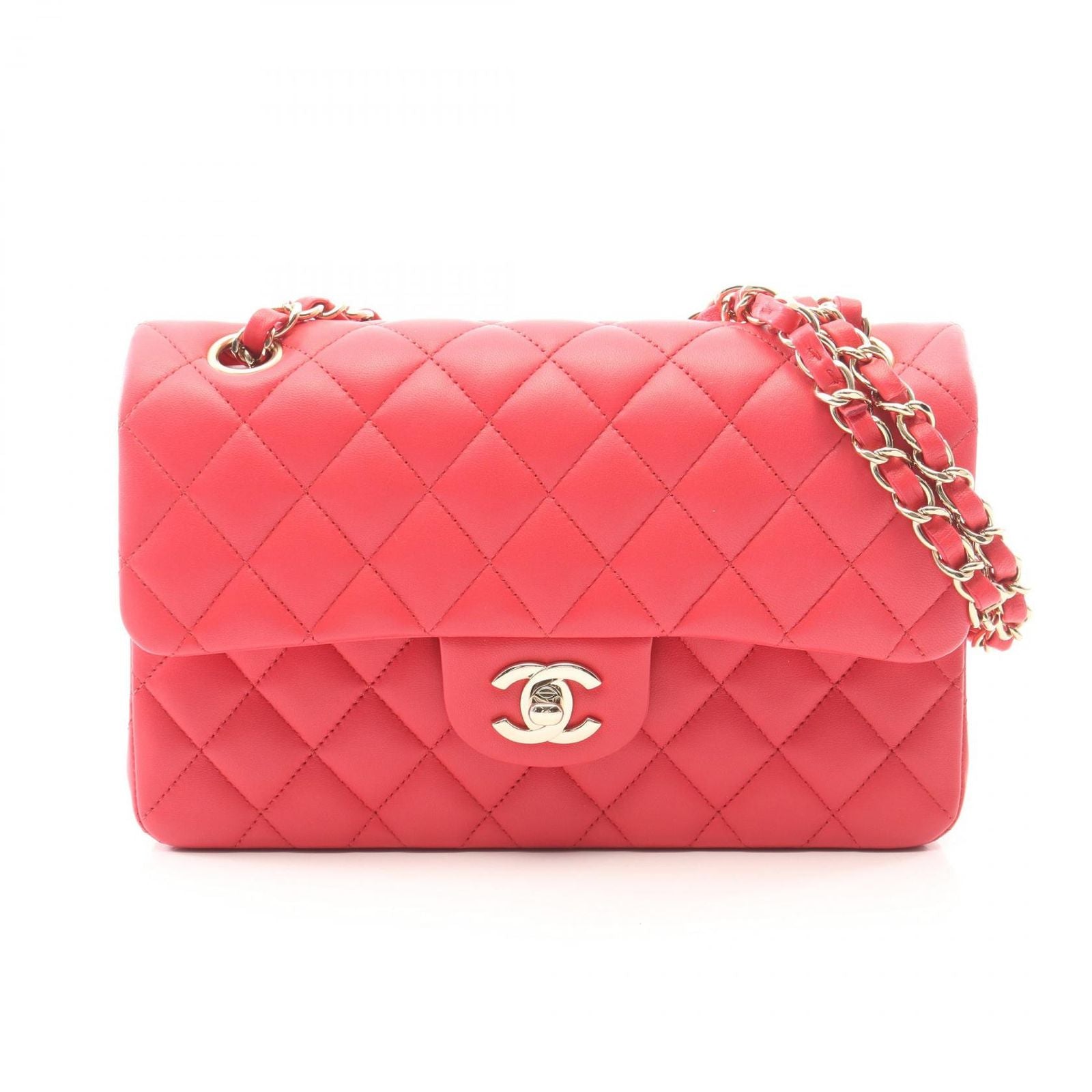 Chanel Shoulder Bag Quilted Double Flap Rose Red Lambskin Chain