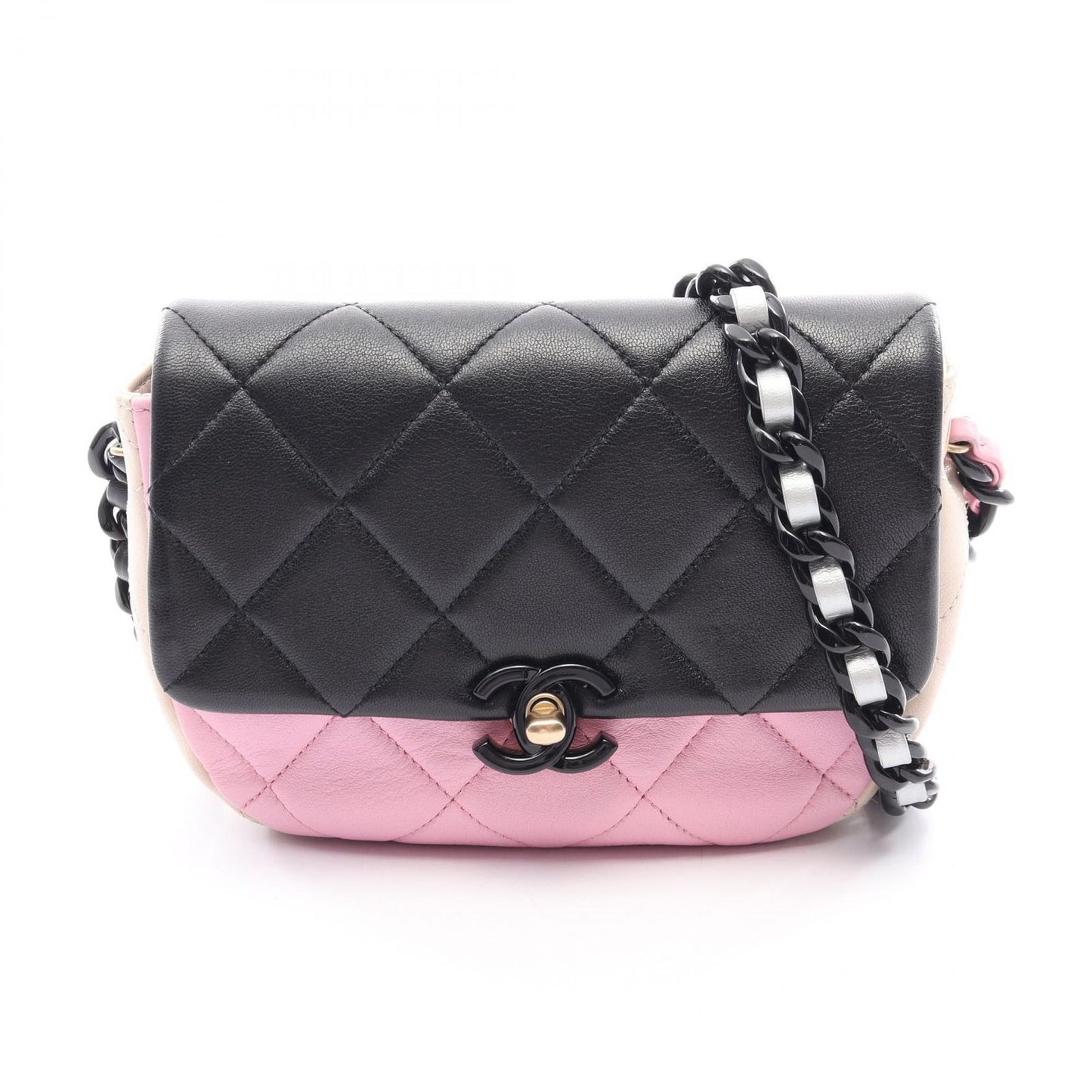 Chanel Shoulder Bag Mini Quilted Black Pink Beige Lambskin Platinum