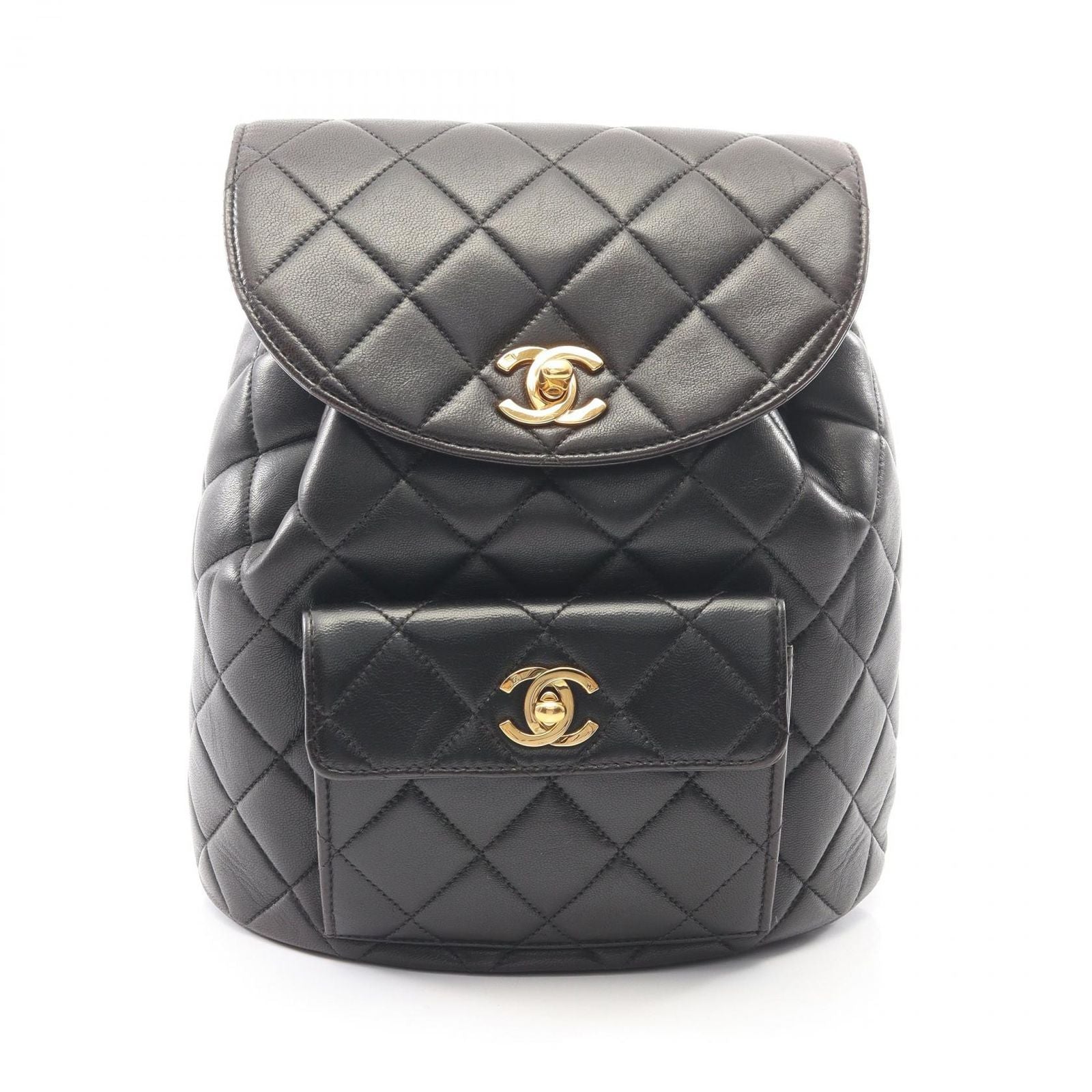 Chanel Backpack Quilted Black Lambskin Double Turnlock Chain