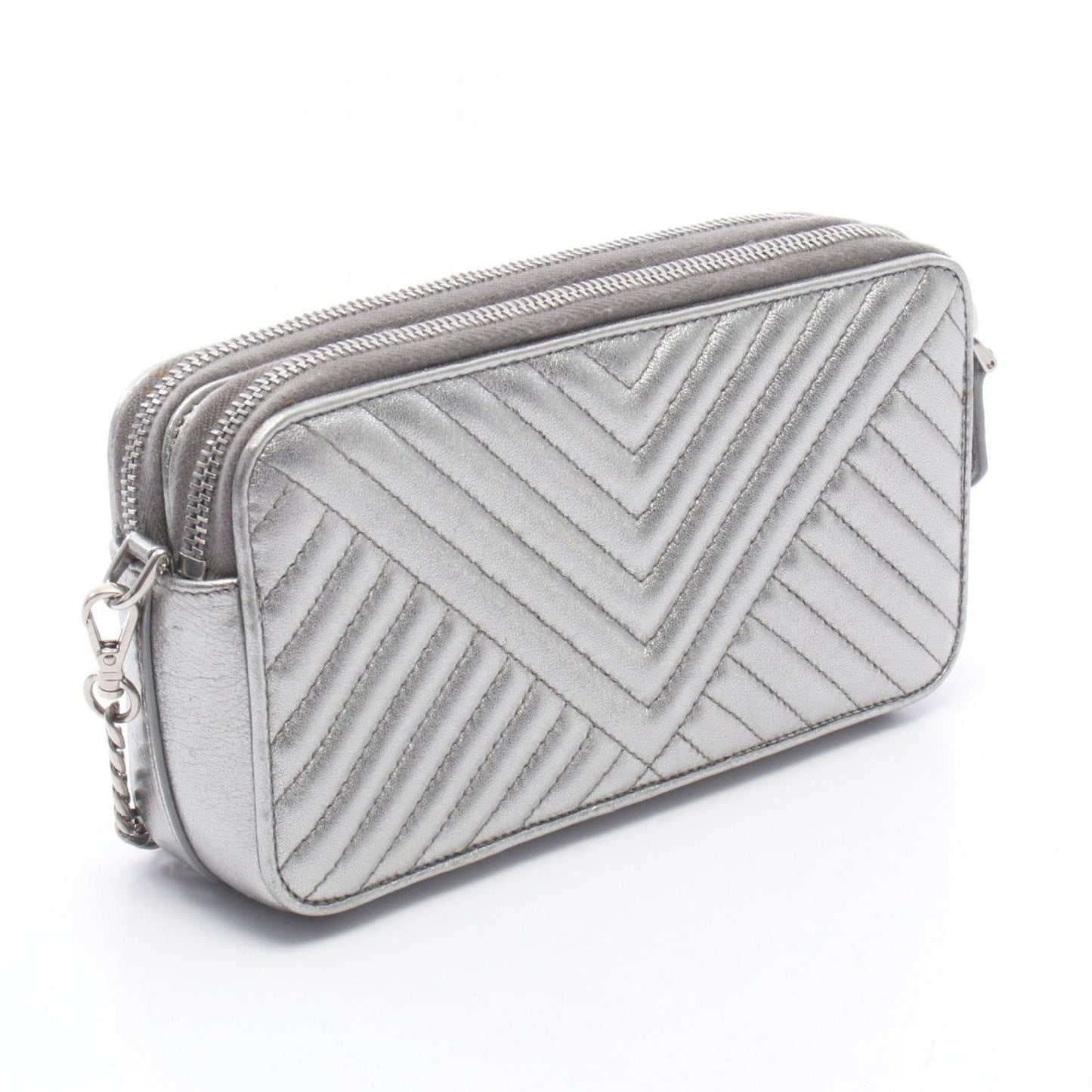 Prada Shoulder Bag Silver Leather Triangle Logo Chain — view 2
