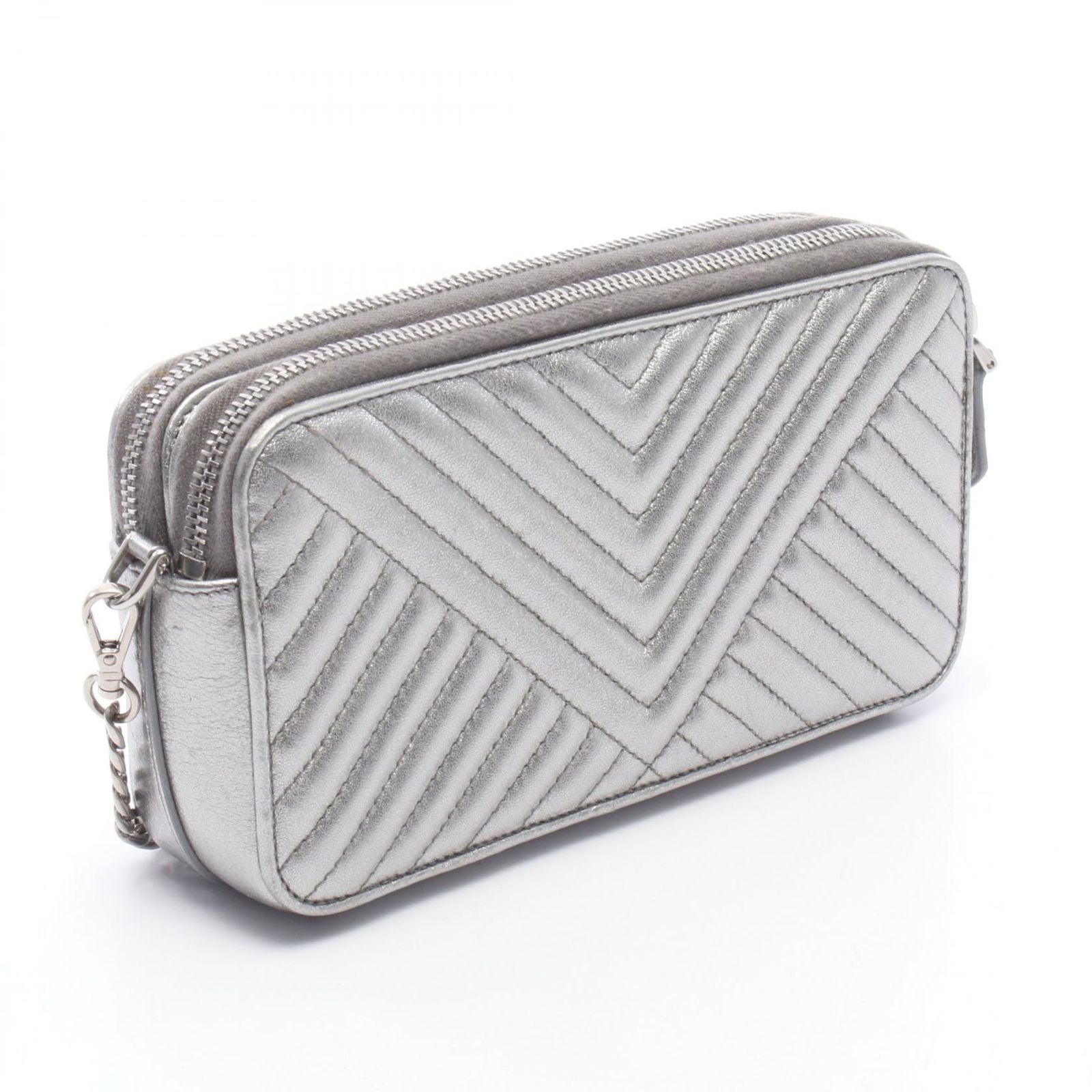 Prada Shoulder Bag Silver Leather Triangle Logo Chain — view 2