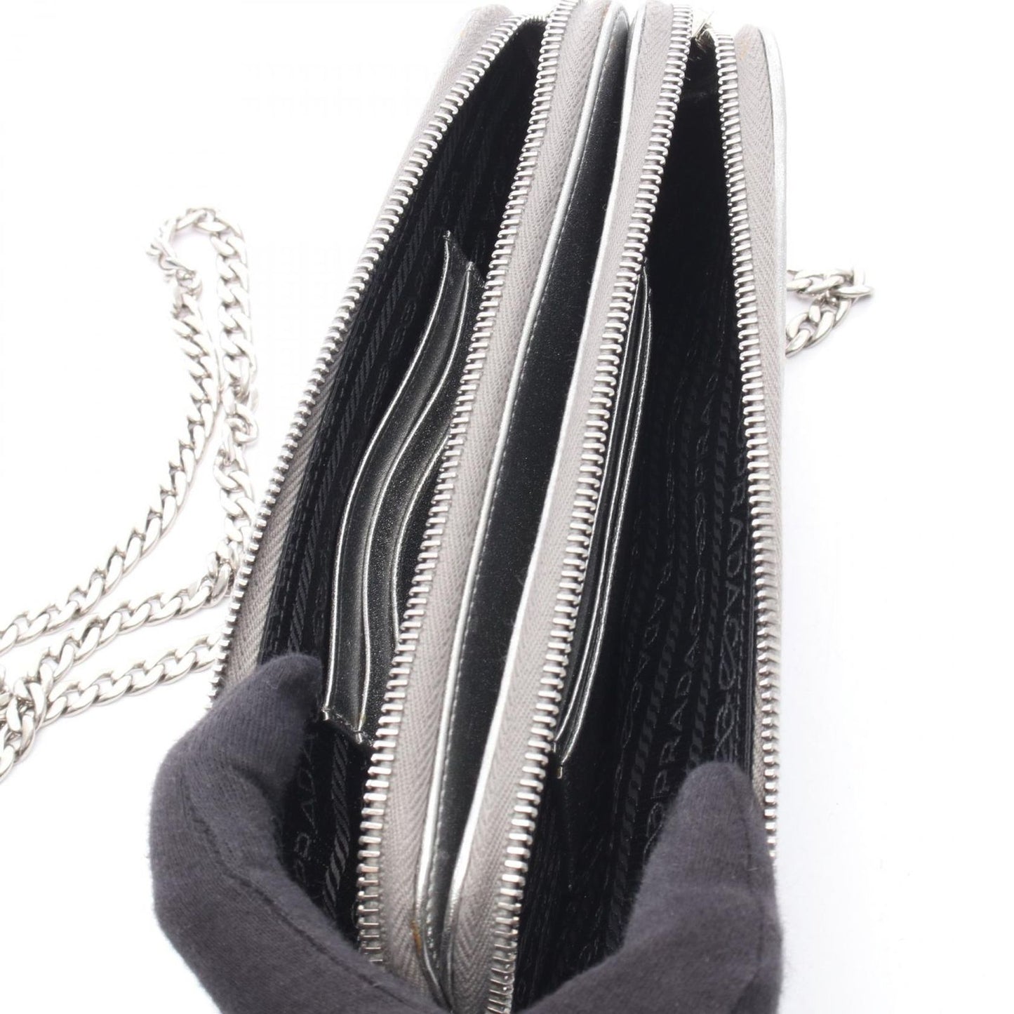 Prada Shoulder Bag Silver Leather Triangle Logo Chain — view 3