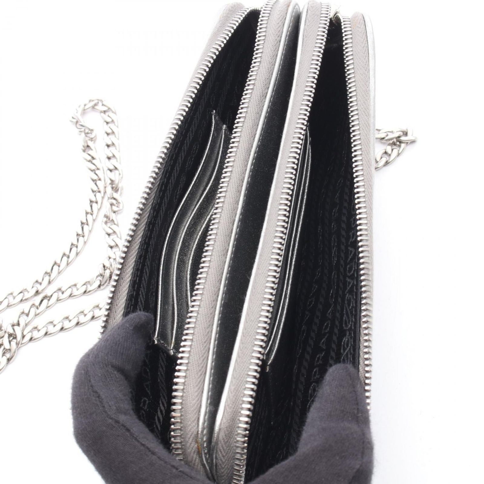 Prada Shoulder Bag Silver Leather Triangle Logo Chain — view 3
