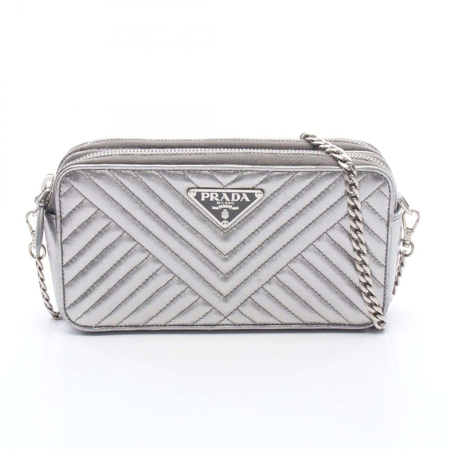 Prada Shoulder Bag Silver Leather Triangle Logo Chain