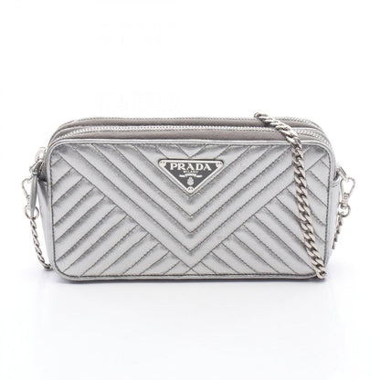 Prada Shoulder Bag Silver Leather Triangle Logo Chain