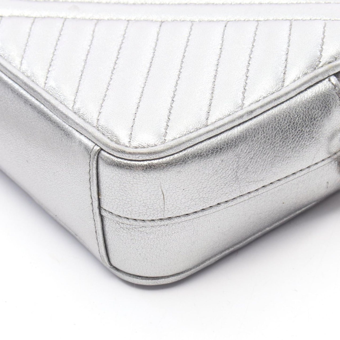 Prada Shoulder Bag Silver Leather Triangle Logo Chain — view 6