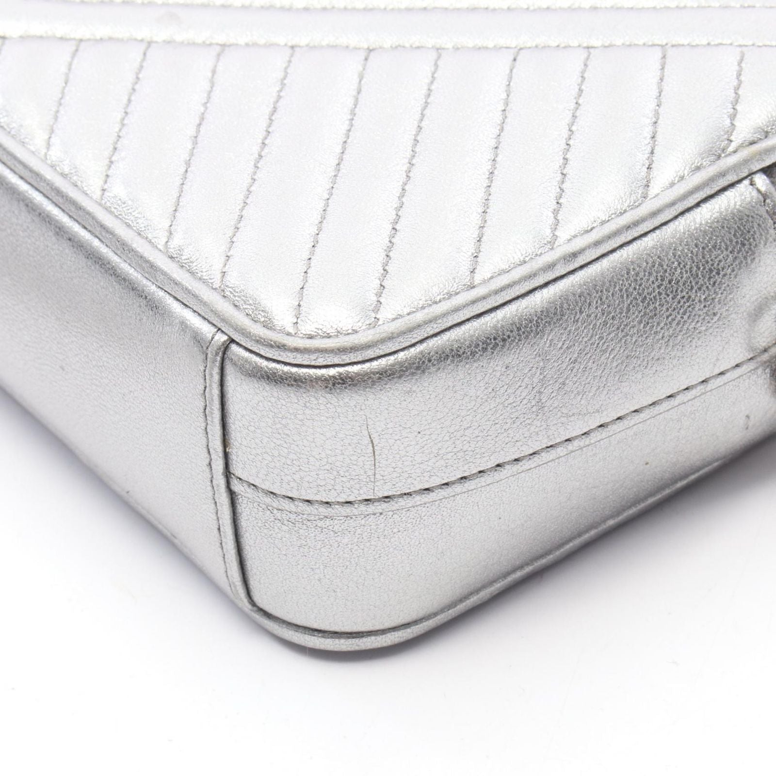 Prada Shoulder Bag Silver Leather Triangle Logo Chain — view 6