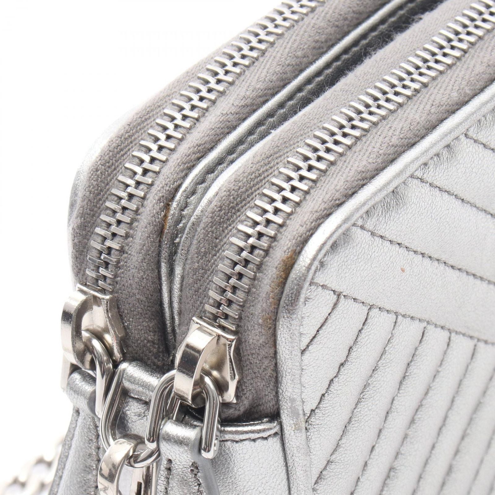 Prada Shoulder Bag Silver Leather Triangle Logo Chain — view 5