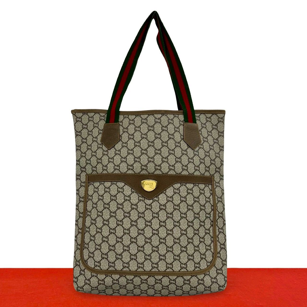 Gucci Vintage Sherry Line Plus Logo Leather Tote Brown