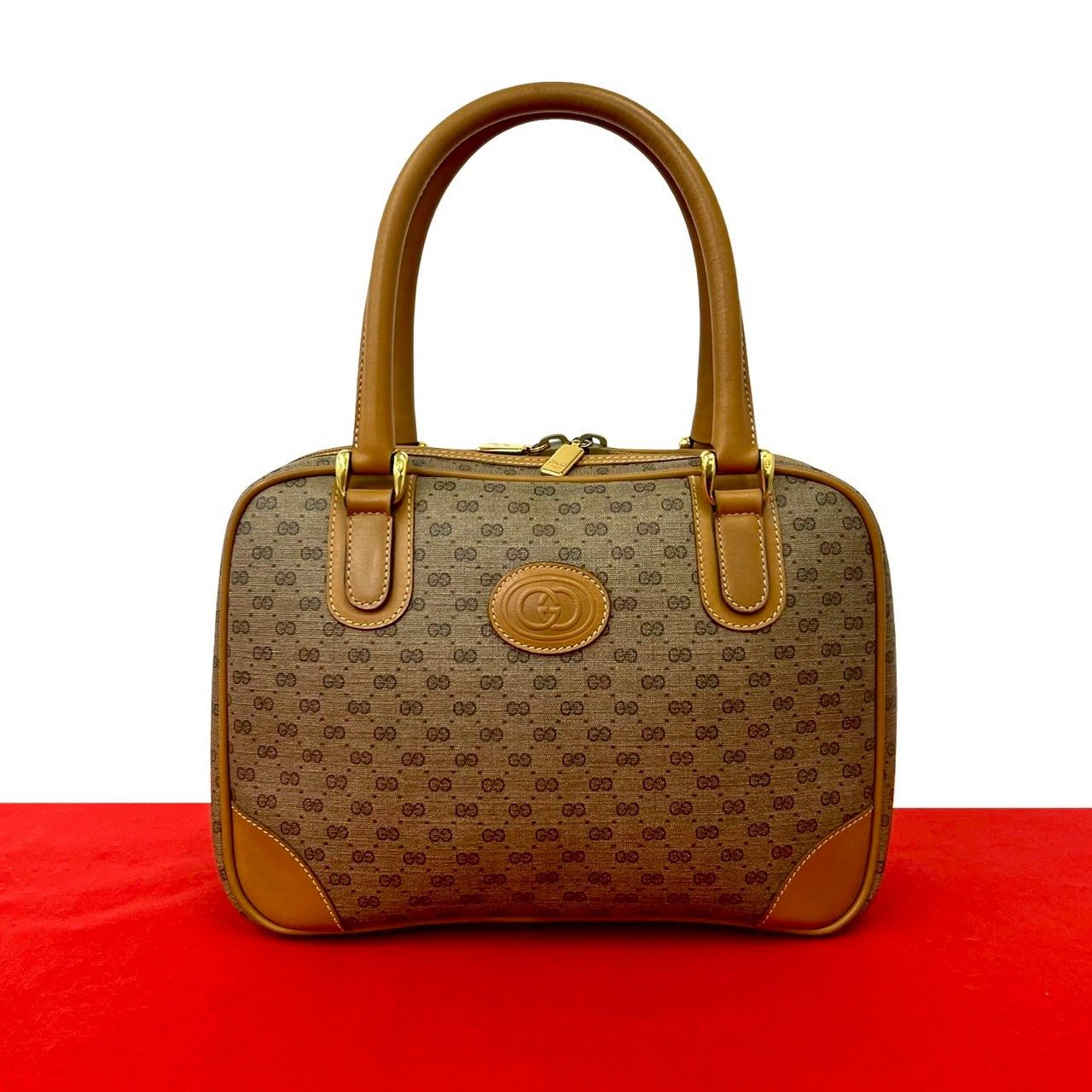 Gucci Vintage Micro GG Leather Mini Boston Bag Brown Camel
