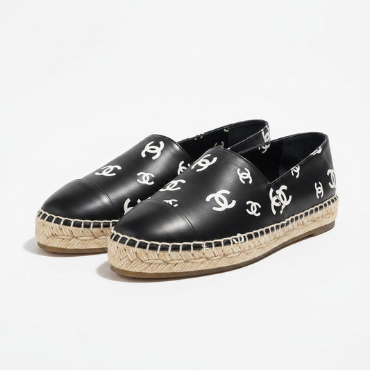 Chanel Espadrilles Flat Shoes CC Logo Leather 39 Black