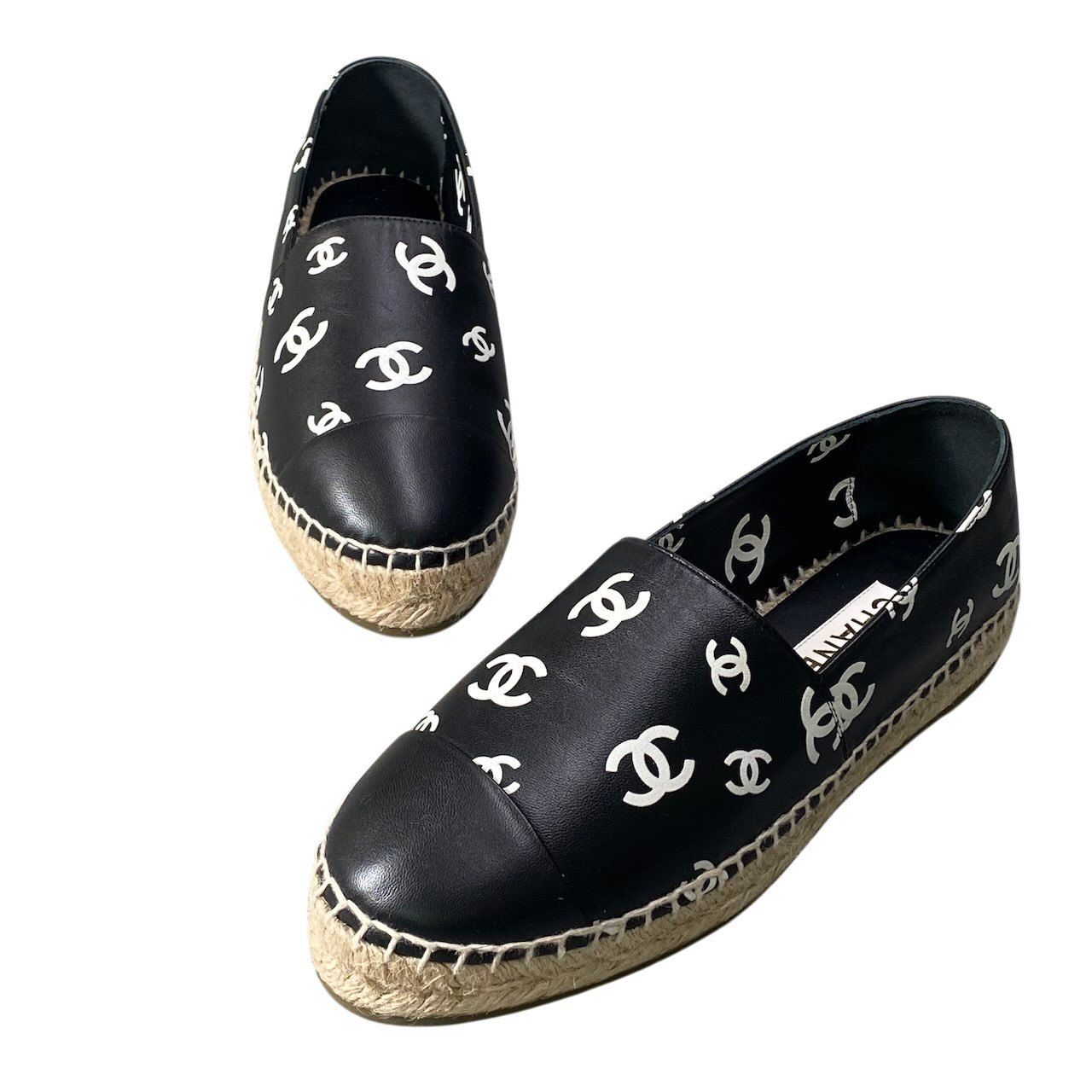 Chanel Espadrilles Flat Shoes CC Logo Leather 39 Black — view 5
