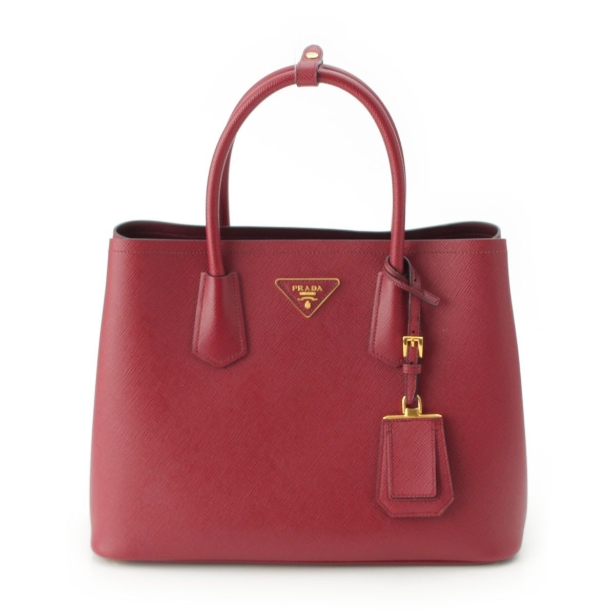 Prada Saffiano Leather Triangle Logo Double 2-Way Handbag Bordeaux