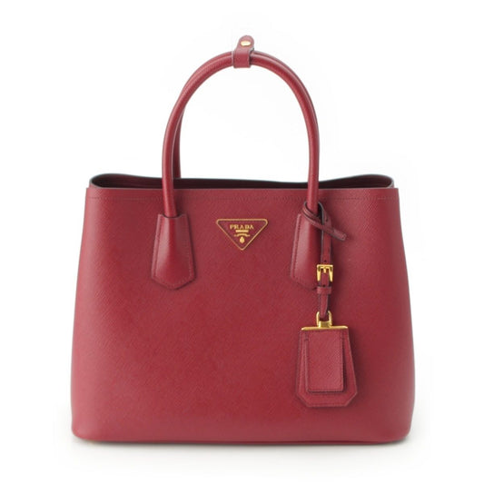 Prada Saffiano Leather Triangle Logo Double 2-Way Handbag Bordeaux